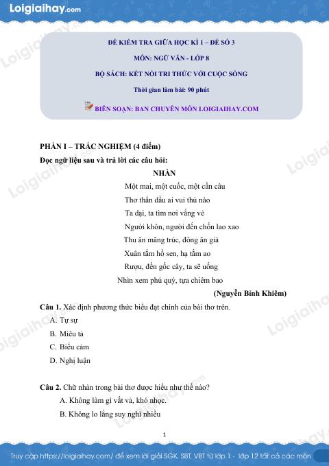 Đề thi giữa kì 1 Văn 8 Kết nối tri thức - Đề số 3